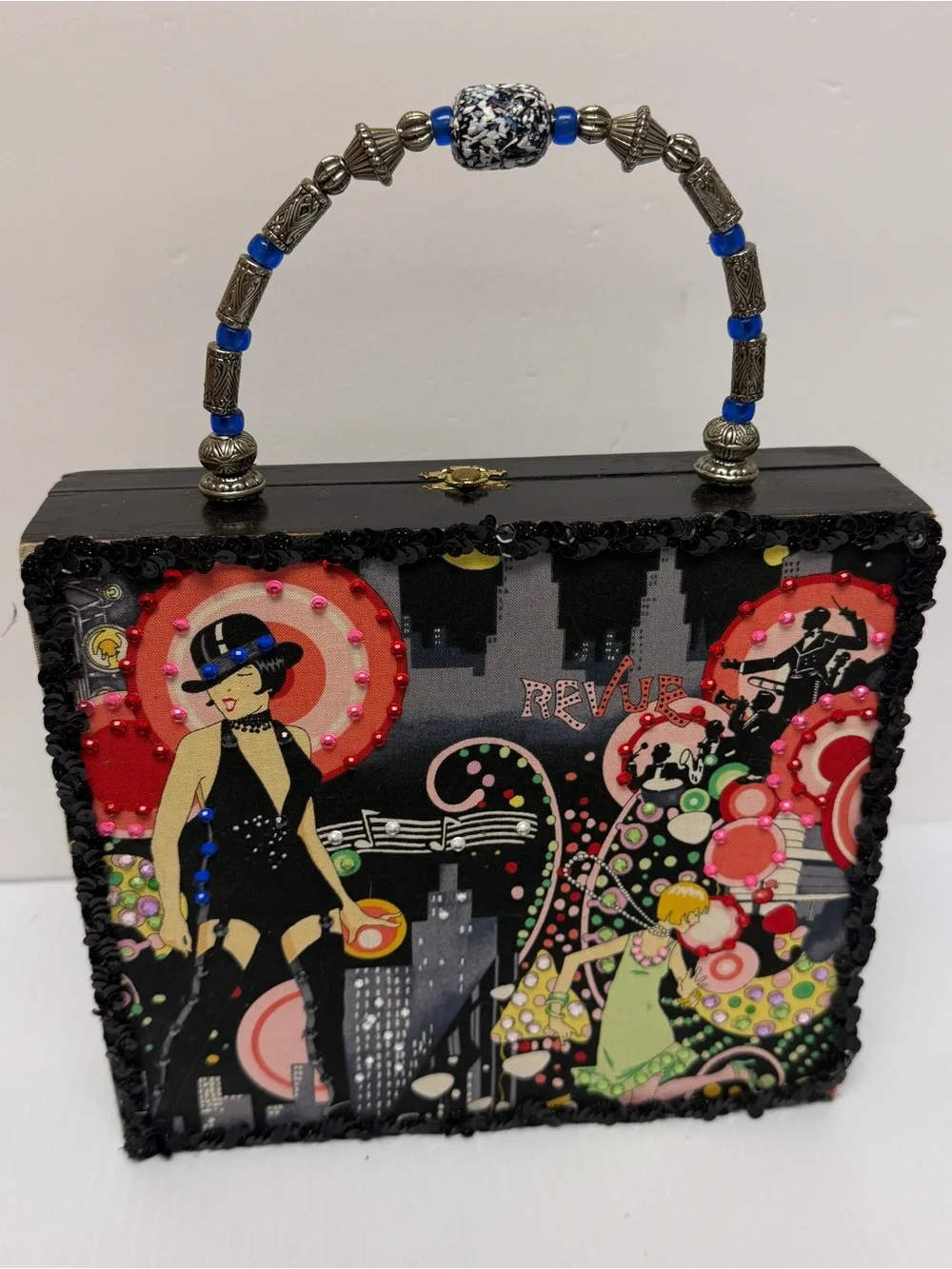 Vintage-Inspired Black cigar box Graphic Beaded Handle Box Bag